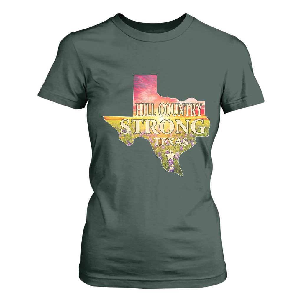 Hill Country Strong Texas T Shirt For Women Sunset Bluebonnet Resilience TS02 Dark Forest Green Print Your Wear