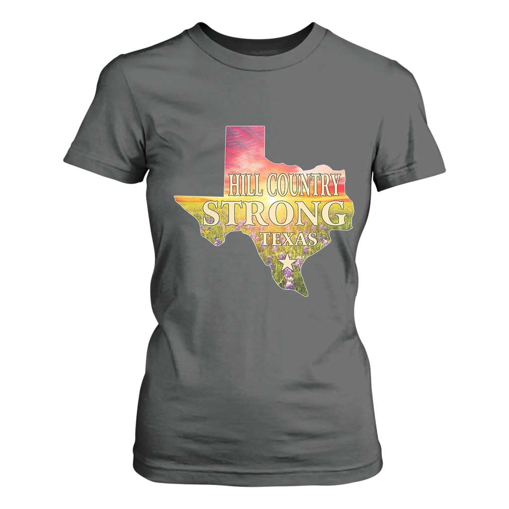 Hill Country Strong Texas T Shirt For Women Sunset Bluebonnet Resilience TS02 Dark Heather Print Your Wear