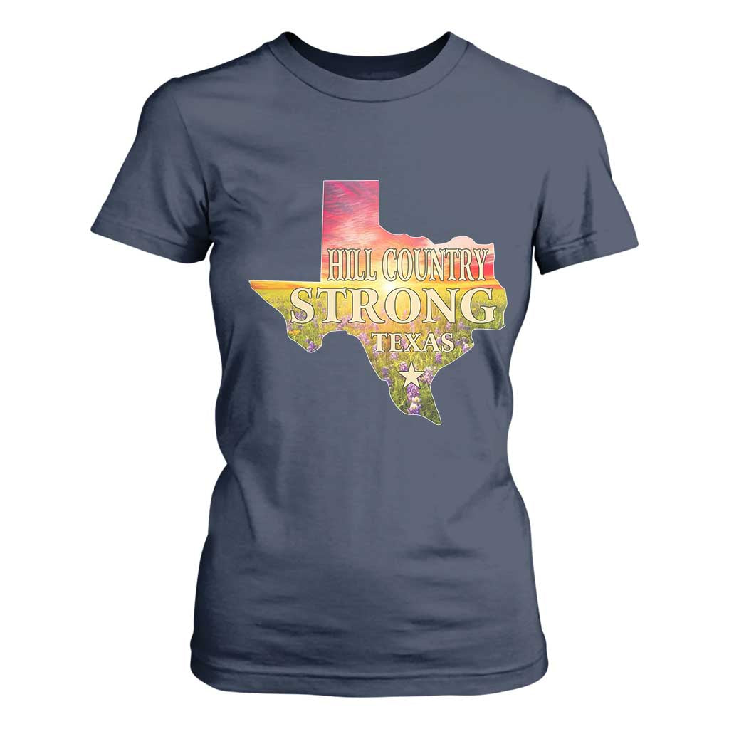 Hill Country Strong Texas T Shirt For Women Sunset Bluebonnet Resilience TS02 Navy Print Your Wear