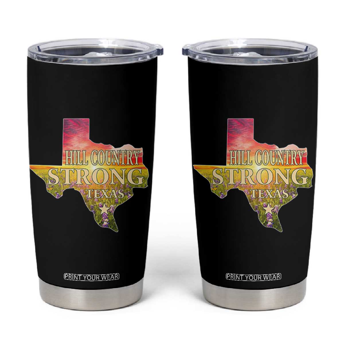 Hill Country Strong Texas Tumbler Cup Sunset Bluebonnet Resilience TS02 Black Print Your Wear