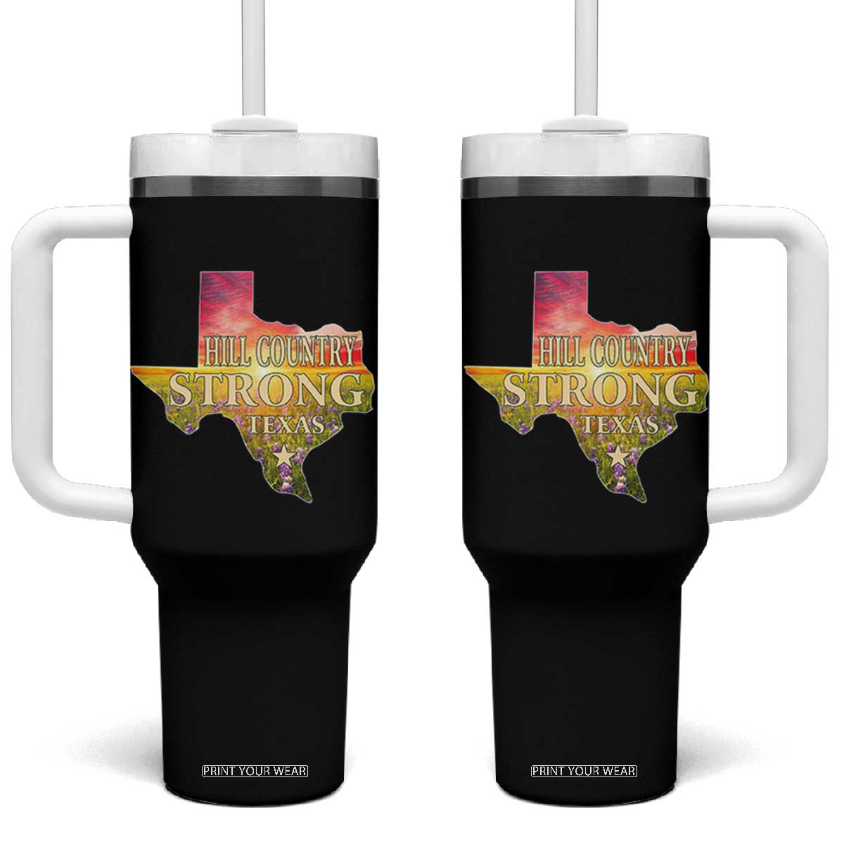 Hill Country Strong Texas Tumbler With Handle Sunset Bluebonnet Resilience TS02 One Size: 40 oz Black Print Your Wear