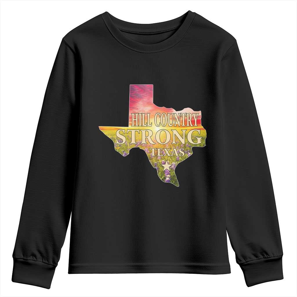 Hill Country Strong Texas Youth Sweatshirt Sunset Bluebonnet Resilience TS02 Black Print Your Wear