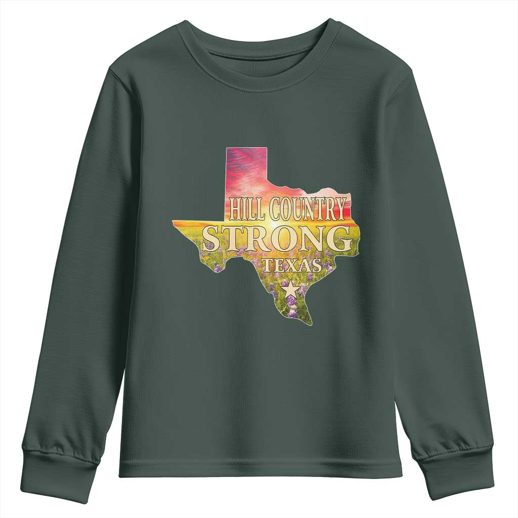 Hill Country Strong Texas Youth Sweatshirt Sunset Bluebonnet Resilience TS02 Dark Forest Green Print Your Wear