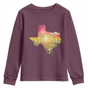 Hill Country Strong Texas Youth Sweatshirt Sunset Bluebonnet Resilience TS02 Maroon Print Your Wear