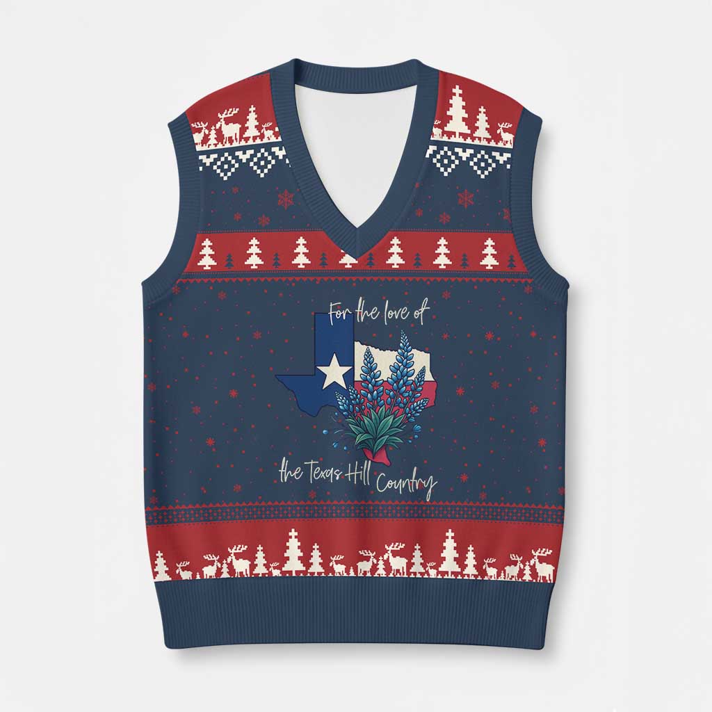 For the Love of the Texas Hill Country V-Neck Knit Sweater Vest Bluebonnet Floral Patriotic Flag TS02 Navy Red Print Your Wear