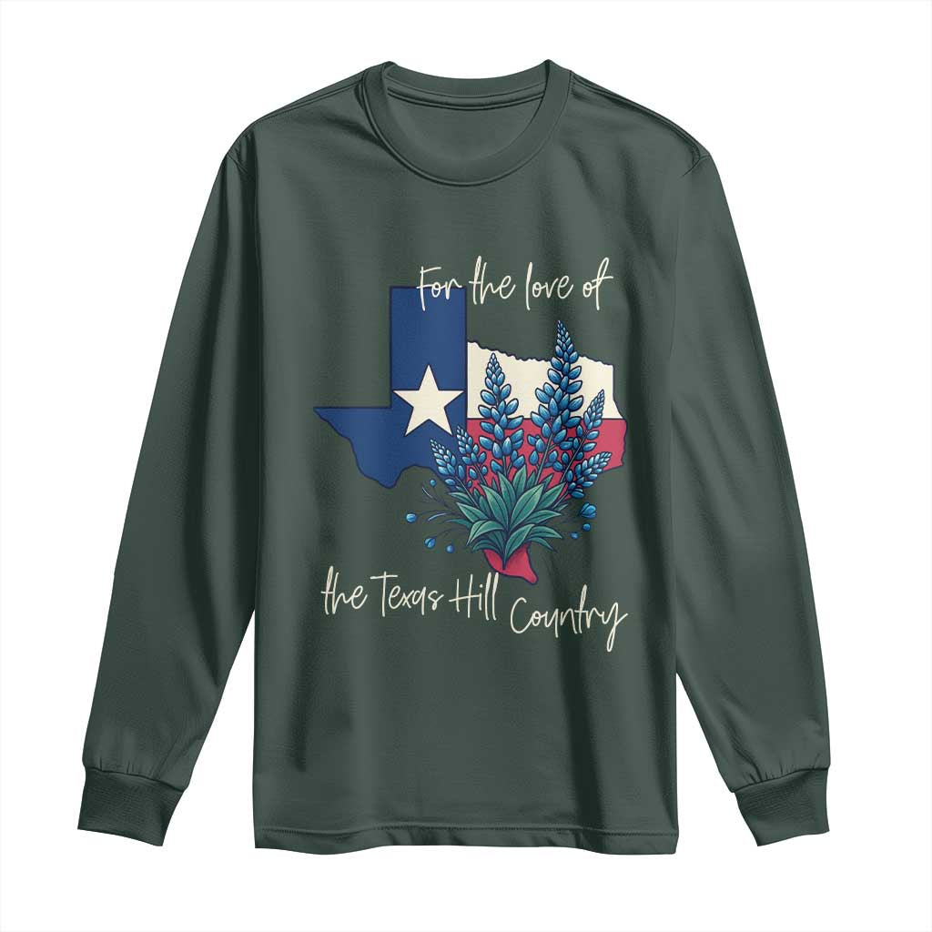 For the Love of the Texas Hill Country Long Sleeve Shirt Bluebonnet Floral Patriotic Flag TS02 Dark Forest Green Print Your Wear