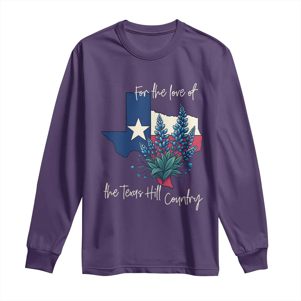 For the Love of the Texas Hill Country Long Sleeve Shirt Bluebonnet Floral Patriotic Flag TS02 Purple Print Your Wear