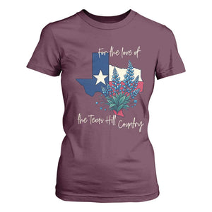 For the Love of the Texas Hill Country T Shirt For Women Bluebonnet Floral Patriotic Flag TS02 Maroon Print Your Wear