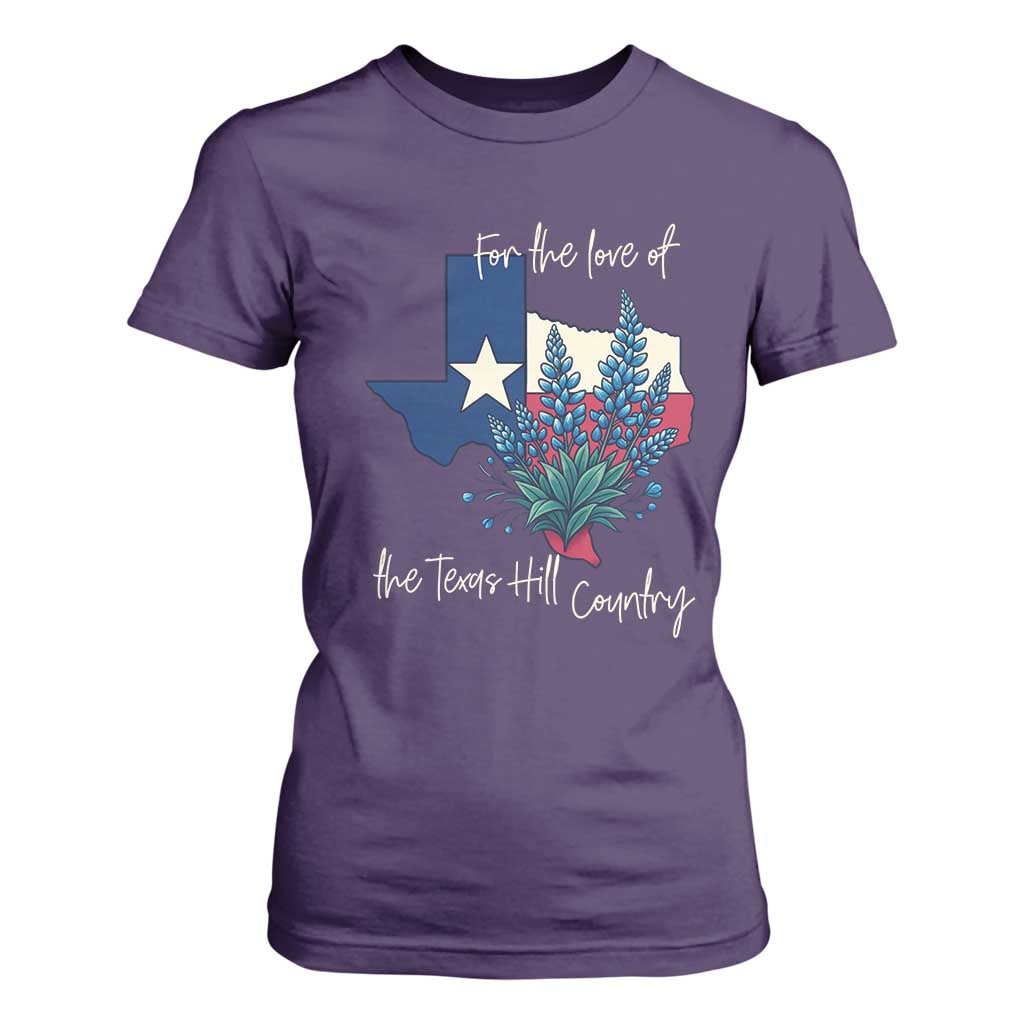 For the Love of the Texas Hill Country T Shirt For Women Bluebonnet Floral Patriotic Flag TS02 Purple Print Your Wear