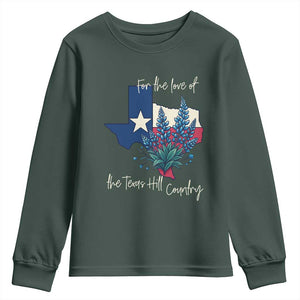 For the Love of the Texas Hill Country Youth Sweatshirt Bluebonnet Floral Patriotic Flag TS02 Dark Forest Green Print Your Wear