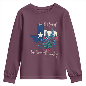 For the Love of the Texas Hill Country Youth Sweatshirt Bluebonnet Floral Patriotic Flag TS02 Maroon Print Your Wear