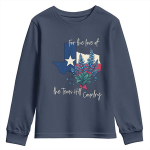 For the Love of the Texas Hill Country Youth Sweatshirt Bluebonnet Floral Patriotic Flag TS02 Navy Print Your Wear