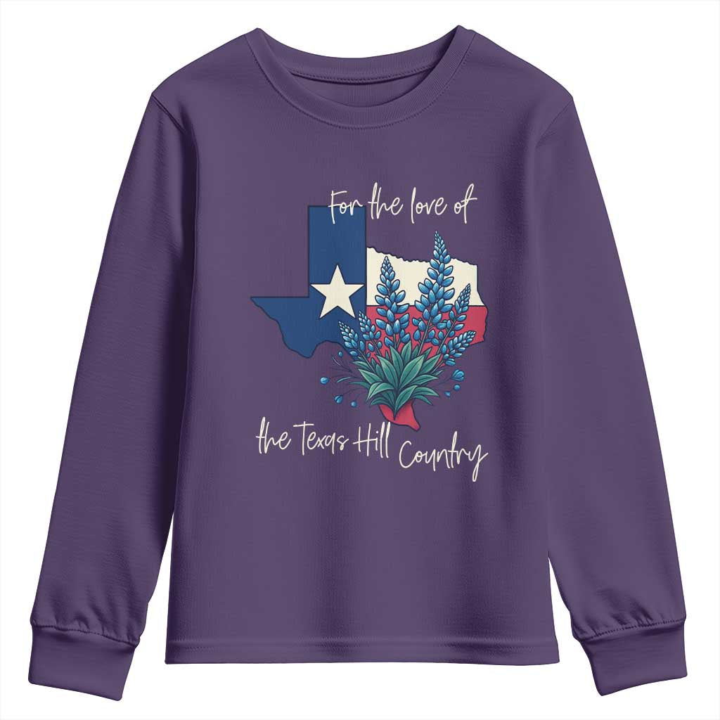 For the Love of the Texas Hill Country Youth Sweatshirt Bluebonnet Floral Patriotic Flag TS02 Purple Print Your Wear