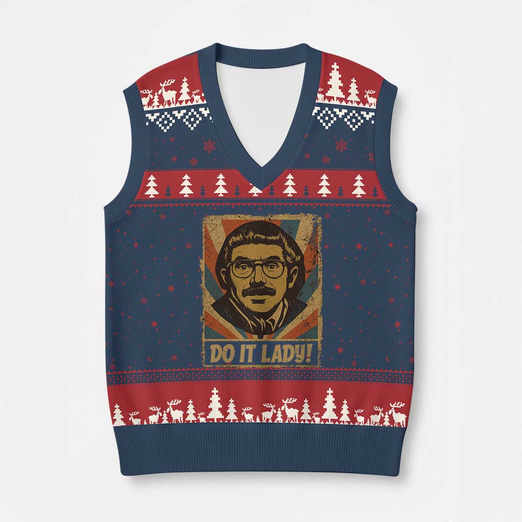 Funny Do It Lady Vintage V-Neck Knit Sweater Vest Retro 70s Mustache Guy Meme Parody TS02 Navy Red Print Your Wear