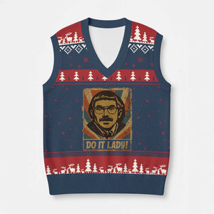 Funny Do It Lady Vintage V-Neck Knit Sweater Vest Retro 70s Mustache Guy Meme Parody TS02 Navy Red Print Your Wear