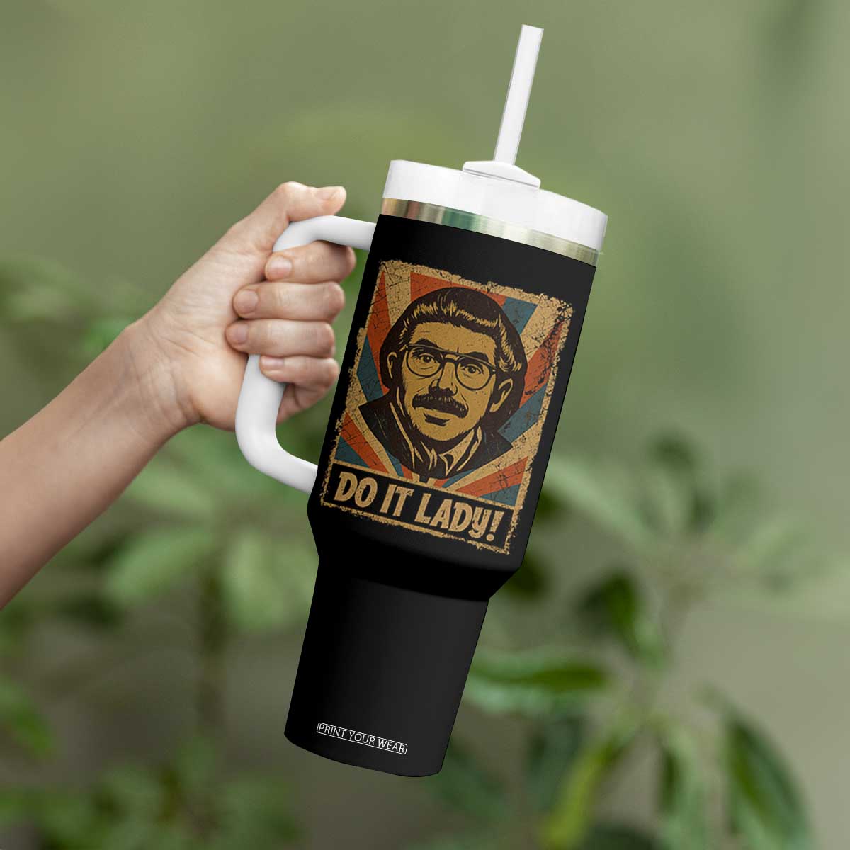 Funny Do It Lady Vintage Tumbler With Handle Retro 70s Mustache Guy Meme Parody TS02 Print Your Wear