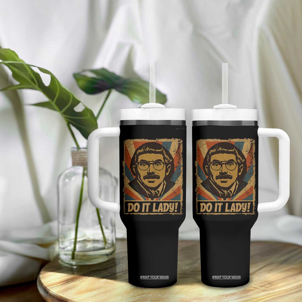 Funny Do It Lady Vintage Tumbler With Handle Retro 70s Mustache Guy Meme Parody TS02 Print Your Wear