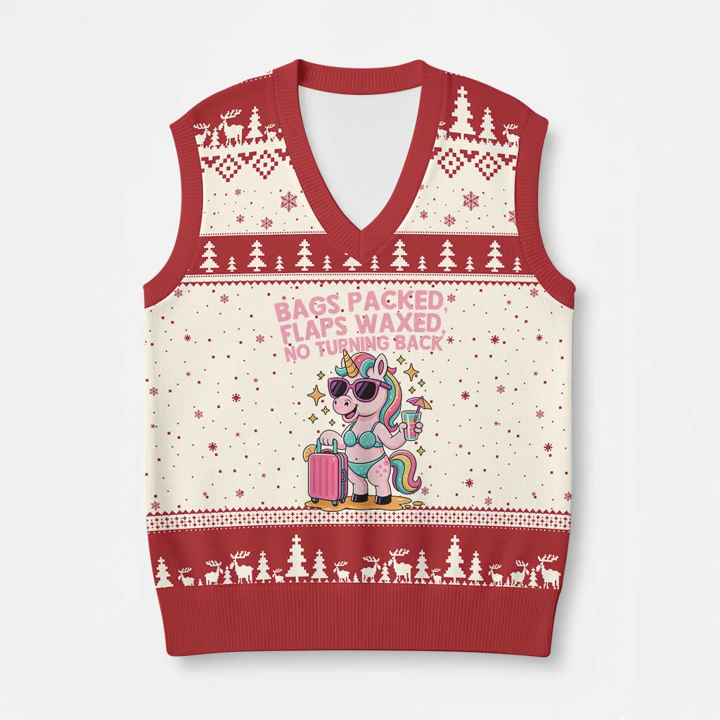 Funny Girls Trip Unicorn V-Neck Knit Sweater Vest Bags Packed Flaps Waxed No Turning Back Bikini Vacation Bachelorette TS02 Beige Red Print Your Wear