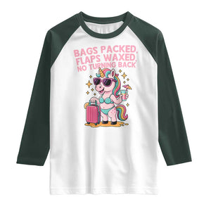 Funny Girls Trip Unicorn Raglan Shirt Bags Packed Flaps Waxed No Turning Back Bikini Vacation Bachelorette TS02 White Dark Forest Green Print Your Wear
