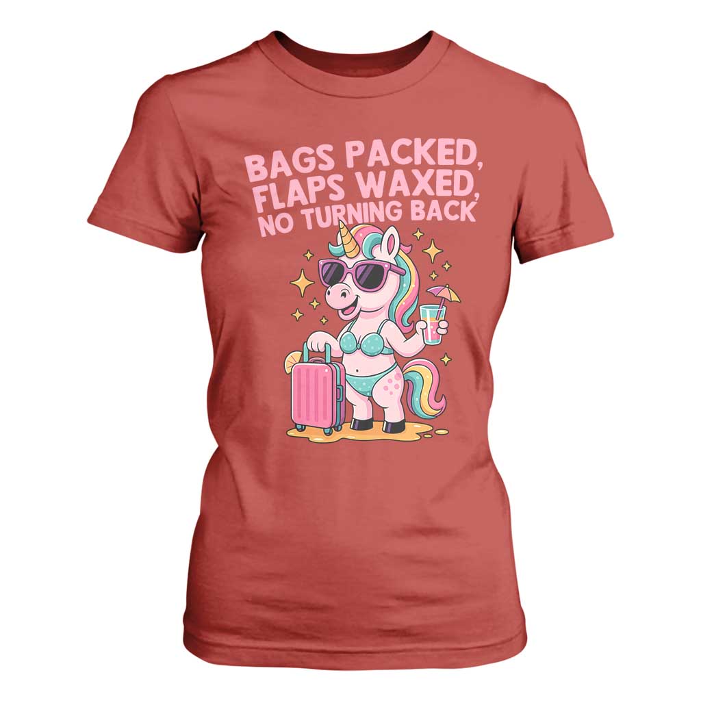 Funny Girls Trip Unicorn T Shirt For Women Bags Packed Flaps Waxed No Turning Back Bikini Vacation Bachelorette TS02 Red Print Your Wear