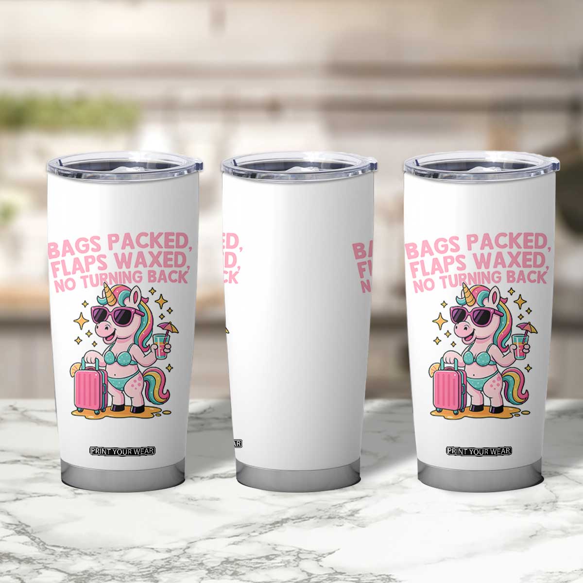 Funny Girls Trip Unicorn Tumbler Cup Bags Packed Flaps Waxed No Turning Back Bikini Vacation Bachelorette TS02 Print Your Wear