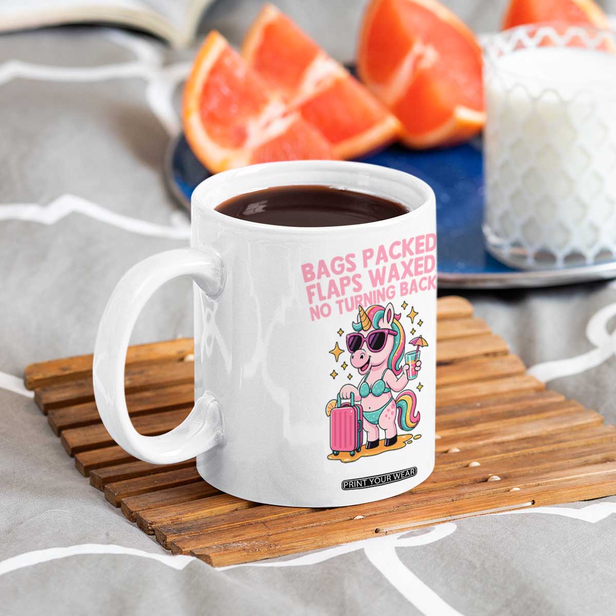 Funny Girls Trip Unicorn Coffee Mug Bags Packed Flaps Waxed No Turning Back Bikini Vacation Bachelorette TS02 Print Your Wear