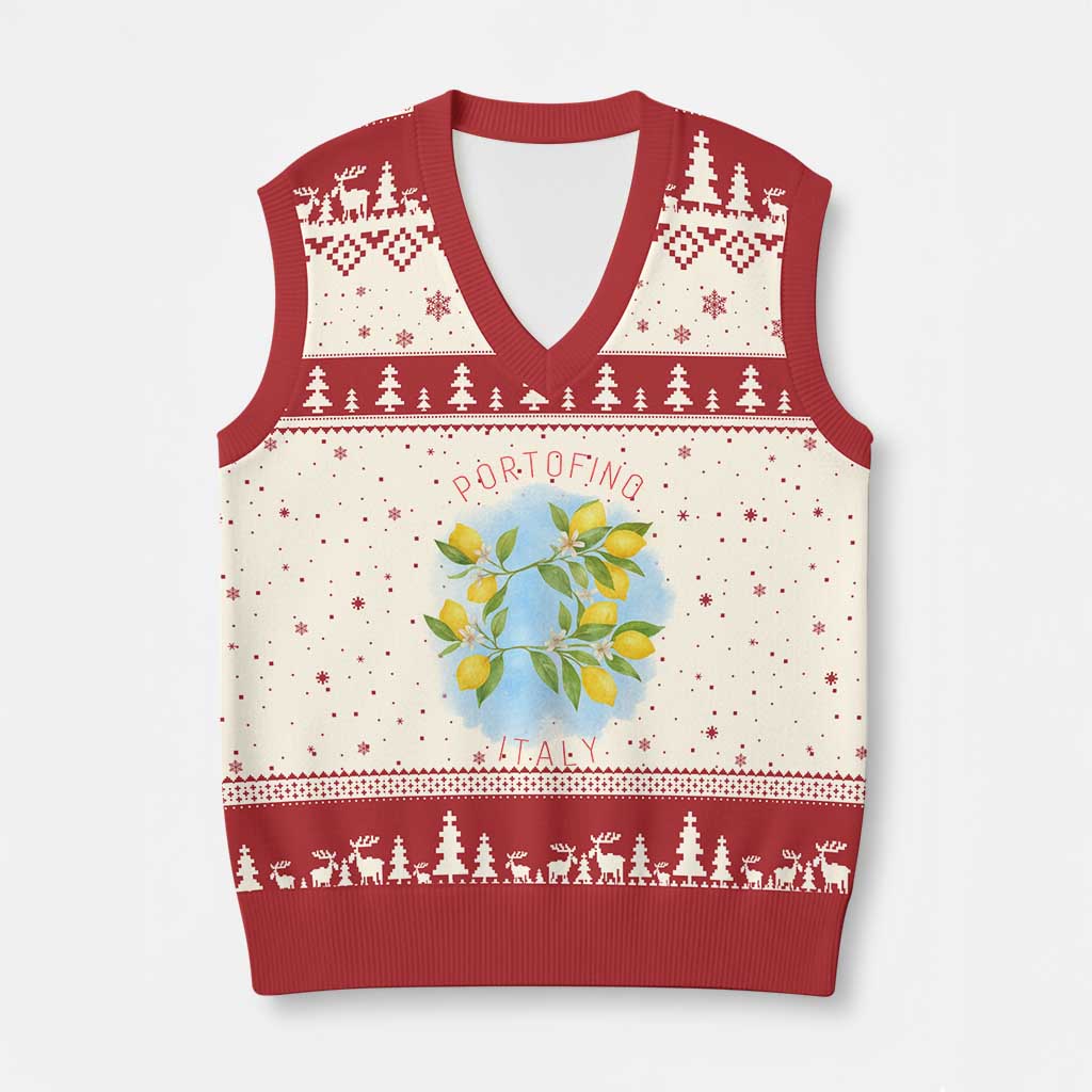 Portofino Italy Lemons V-Neck Knit Sweater Vest Vintage Coastal Europe Travel Summer Vibe Aesthetic TS02 Beige Red Print Your Wear