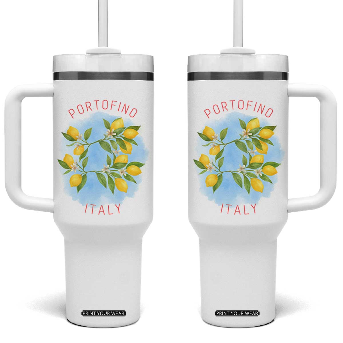 Portofino Italy Lemons Tumbler With Handle Vintage Coastal Europe Travel Summer Vibe Aesthetic TS02 One Size: 40 oz White Print Your Wear