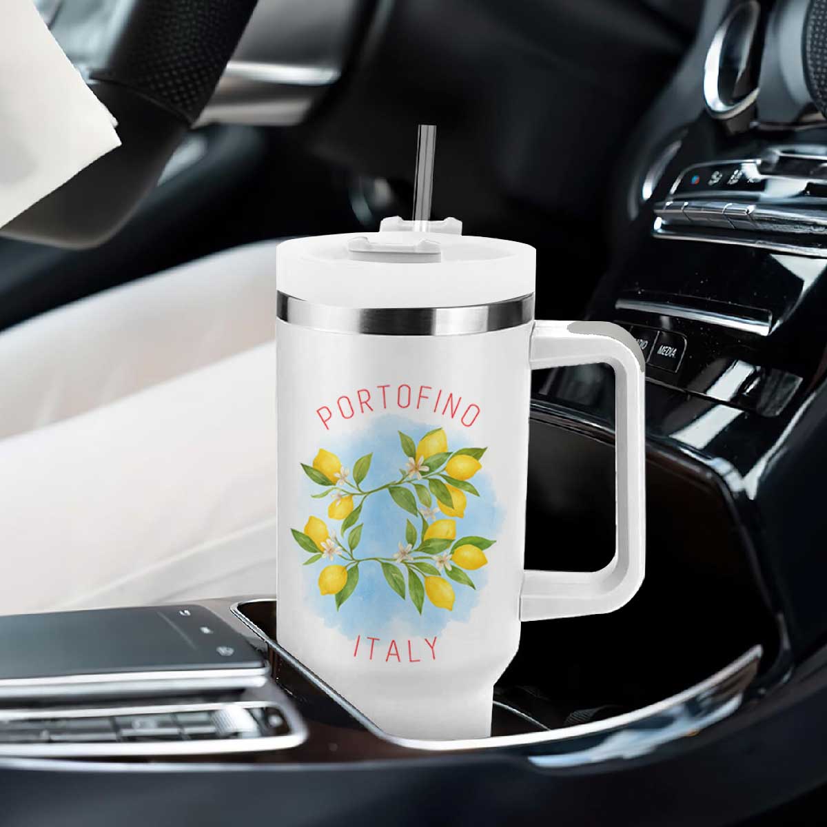 Portofino Italy Lemons Tumbler With Handle Vintage Coastal Europe Travel Summer Vibe Aesthetic TS02 Print Your Wear