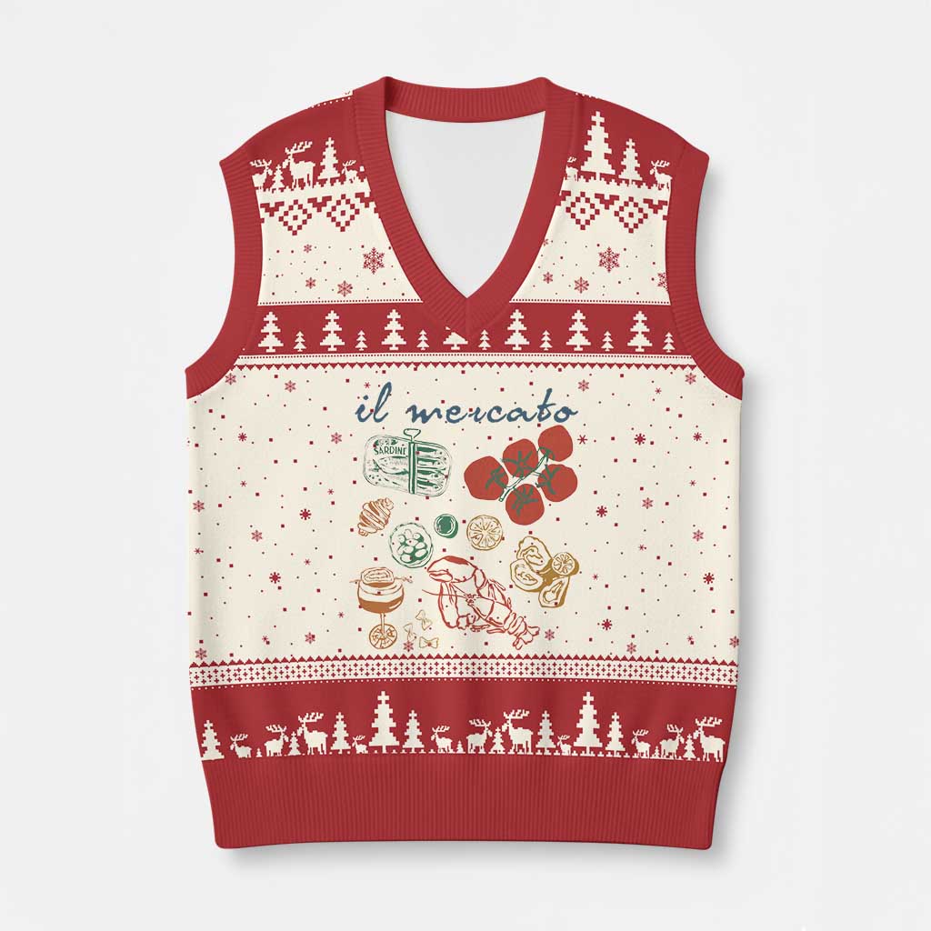Il Mercato Italian Food Market Aesthetic V-Neck Knit Sweater Vest Summer Amalfi Coast La Dolce Vita TS02 Beige Red Print Your Wear