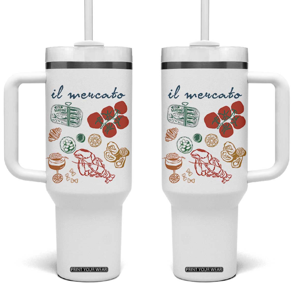 Il Mercato Italian Food Market Aesthetic Tumbler With Handle Summer Amalfi Coast La Dolce Vita TS02 One Size: 40 oz White Print Your Wear