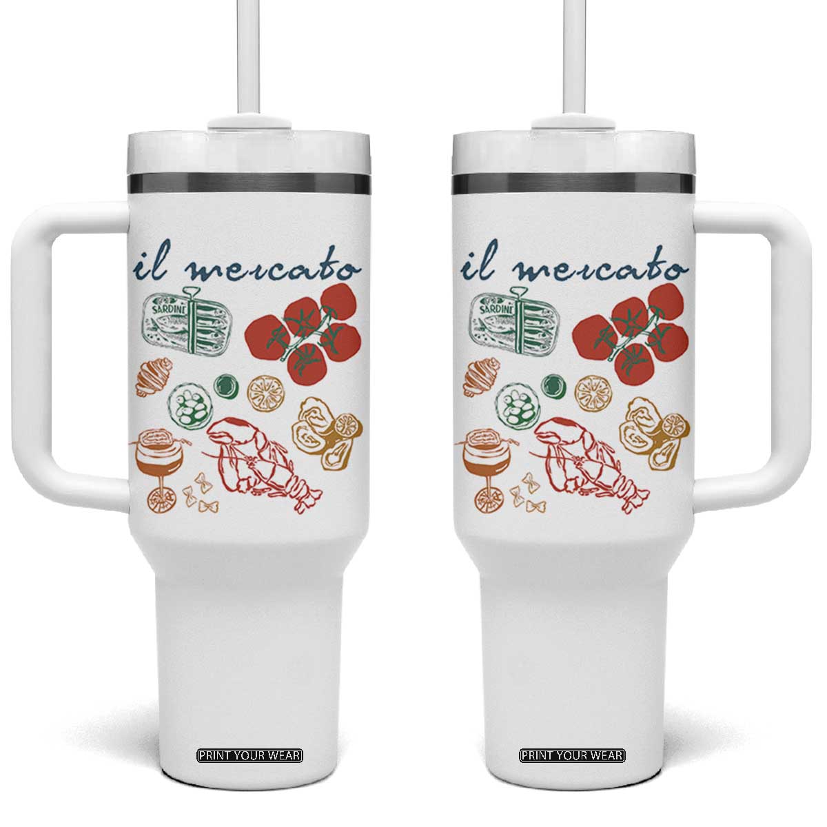 Il Mercato Italian Food Market Aesthetic Tumbler With Handle Summer Amalfi Coast La Dolce Vita TS02 One Size: 40 oz White Print Your Wear