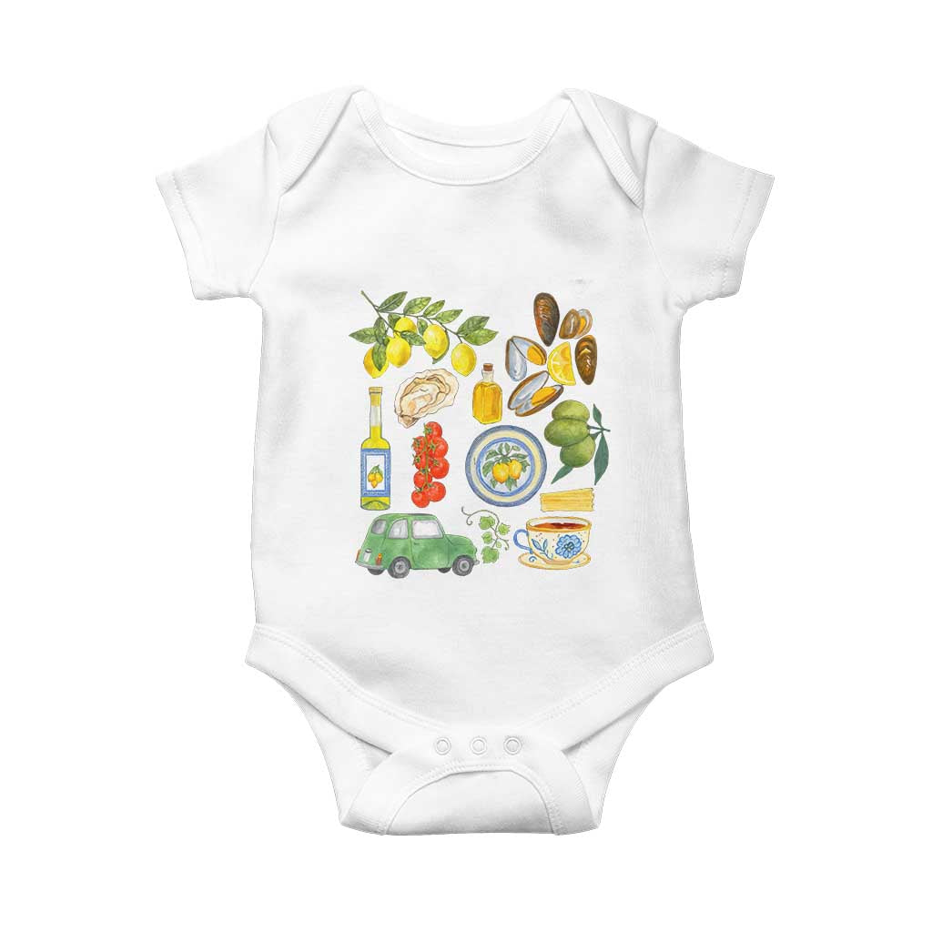 Italian Summer Scrapbook Baby Onesie Limoncello Seafood Coastal Italy La Dolce Vita TS02 White Print Your Wear