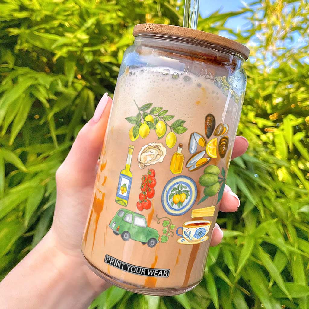 Italian Summer Scrapbook Glass Can Limoncello Seafood Coastal Italy La Dolce Vita TS02 White Print Your Wear