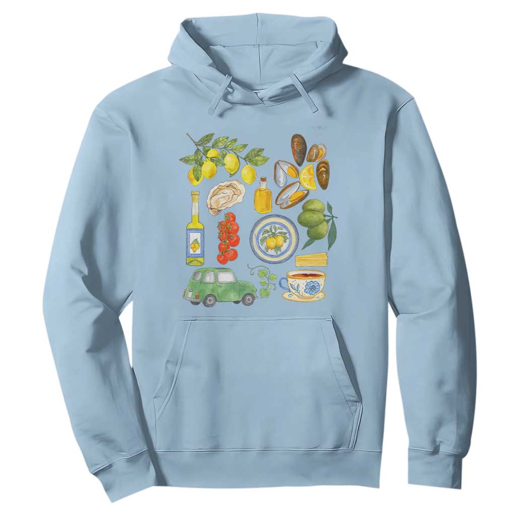 Italian Summer Scrapbook Hoodie Limoncello Seafood Coastal Italy La Dolce Vita TS02 Light Blue Print Your Wear