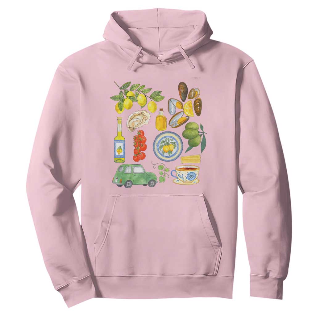 Italian Summer Scrapbook Hoodie Limoncello Seafood Coastal Italy La Dolce Vita TS02 Light Pink Print Your Wear