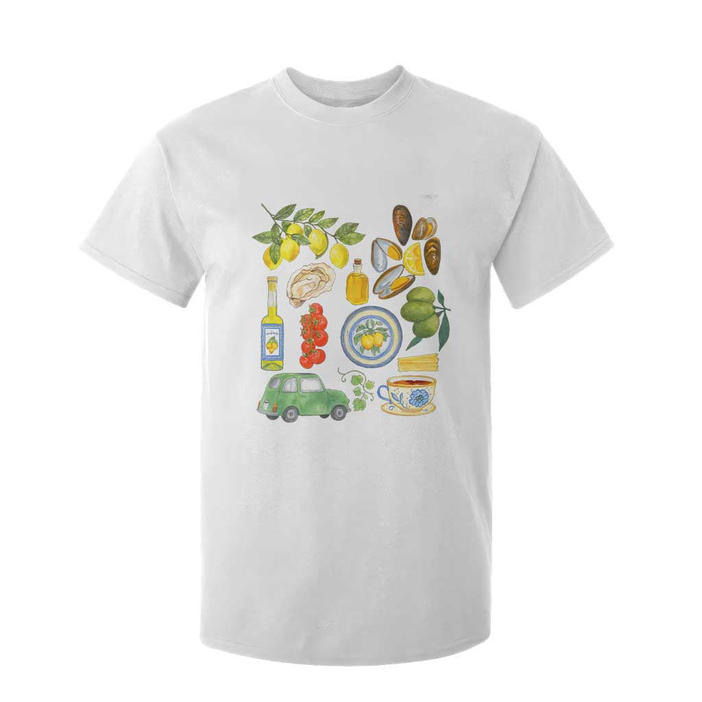 Italian Summer Scrapbook T Shirt For Kid Limoncello Seafood Coastal Italy La Dolce Vita TS02 White Print Your Wear
