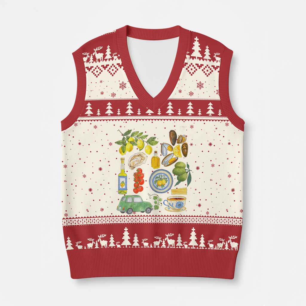 Italian Summer Scrapbook V-Neck Knit Sweater Vest Limoncello Seafood Coastal Italy La Dolce Vita TS02 Beige Red Print Your Wear