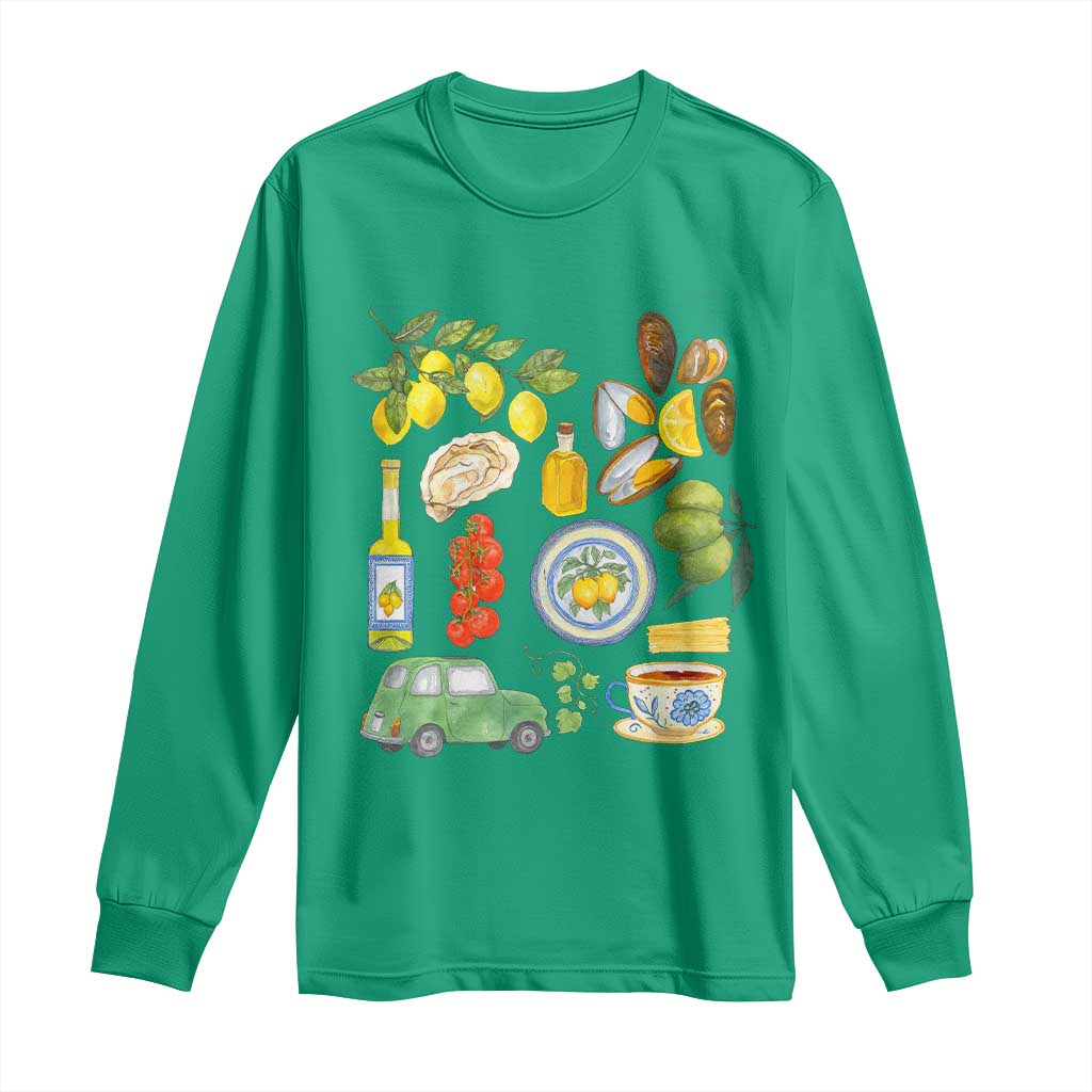 Italian Summer Scrapbook Long Sleeve Shirt Limoncello Seafood Coastal Italy La Dolce Vita TS02 Irish Green Print Your Wear