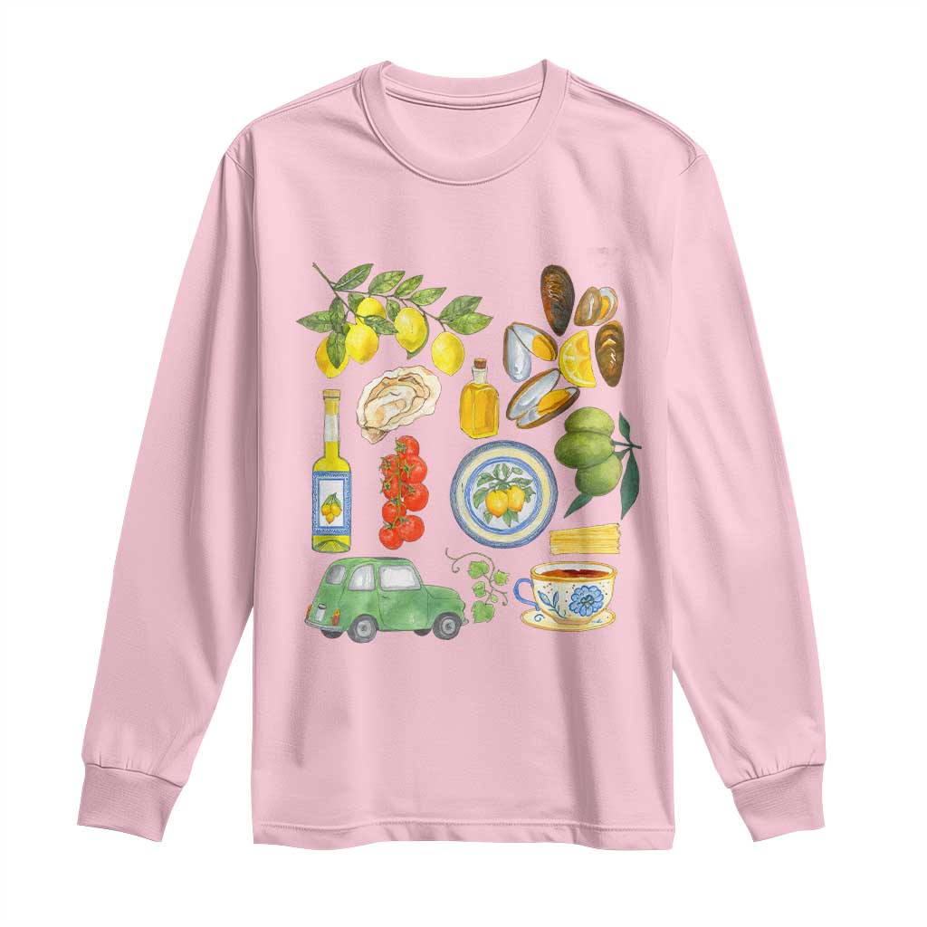 Italian Summer Scrapbook Long Sleeve Shirt Limoncello Seafood Coastal Italy La Dolce Vita TS02 Light Pink Print Your Wear