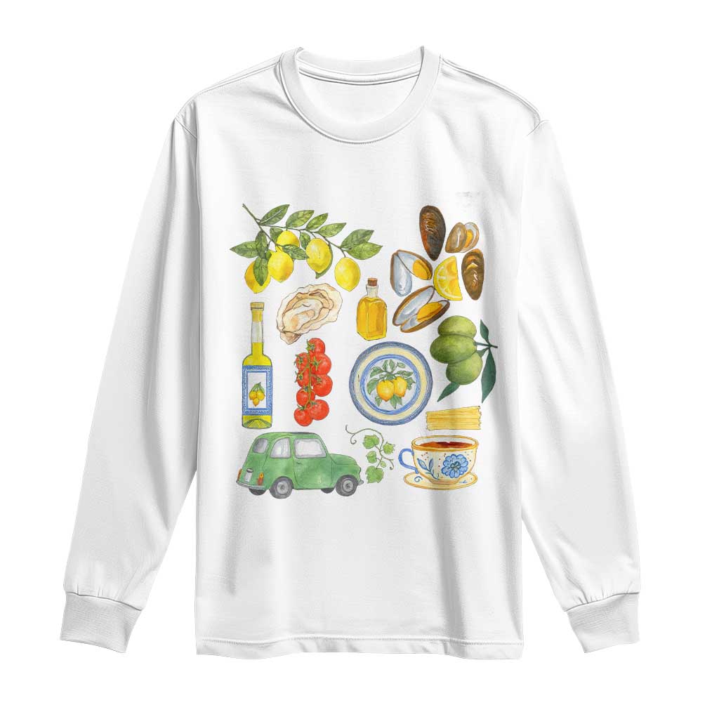 Italian Summer Scrapbook Long Sleeve Shirt Limoncello Seafood Coastal Italy La Dolce Vita TS02 White Print Your Wear