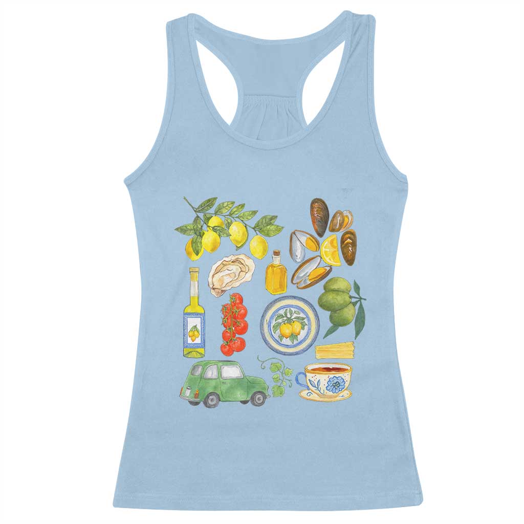 Italian Summer Scrapbook Racerback Tank Top Limoncello Seafood Coastal Italy La Dolce Vita TS02 Light Blue Print Your Wear