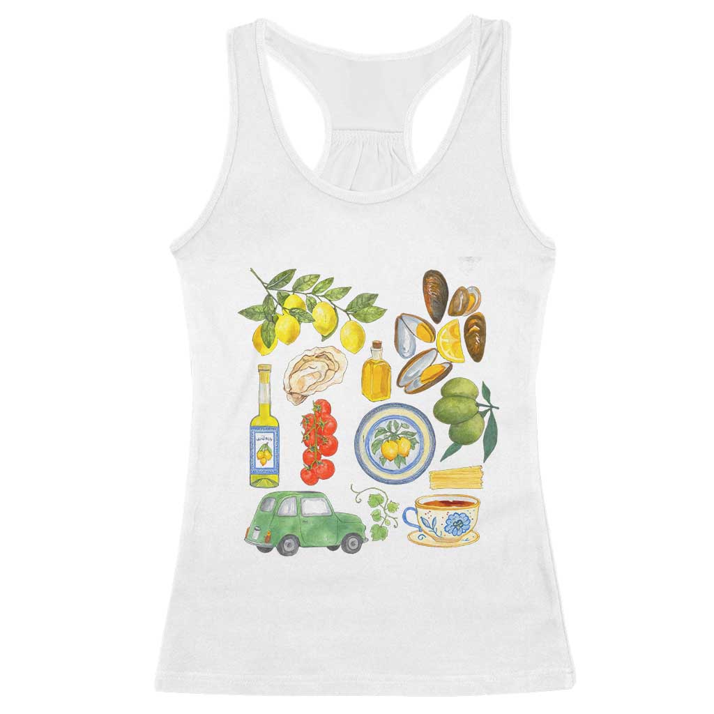 Italian Summer Scrapbook Racerback Tank Top Limoncello Seafood Coastal Italy La Dolce Vita TS02 White Print Your Wear