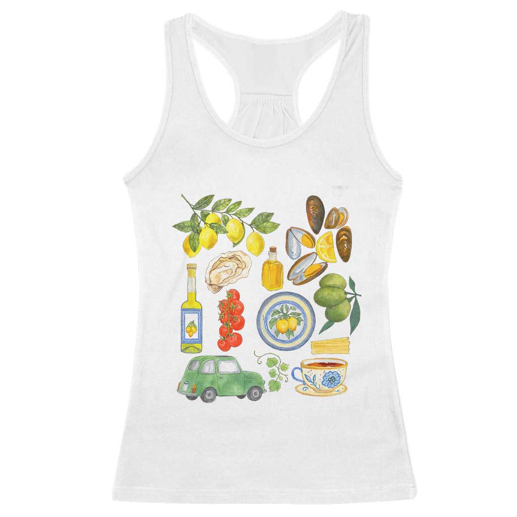 Italian Summer Scrapbook Racerback Tank Top Limoncello Seafood Coastal Italy La Dolce Vita TS02 White Print Your Wear