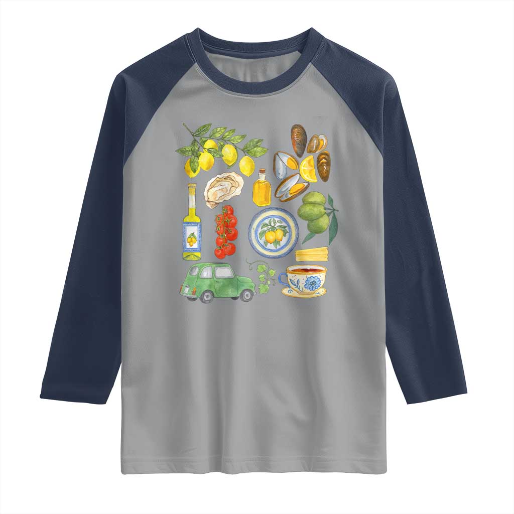 Italian Summer Scrapbook Raglan Shirt Limoncello Seafood Coastal Italy La Dolce Vita TS02 Sport Gray Navy Print Your Wear