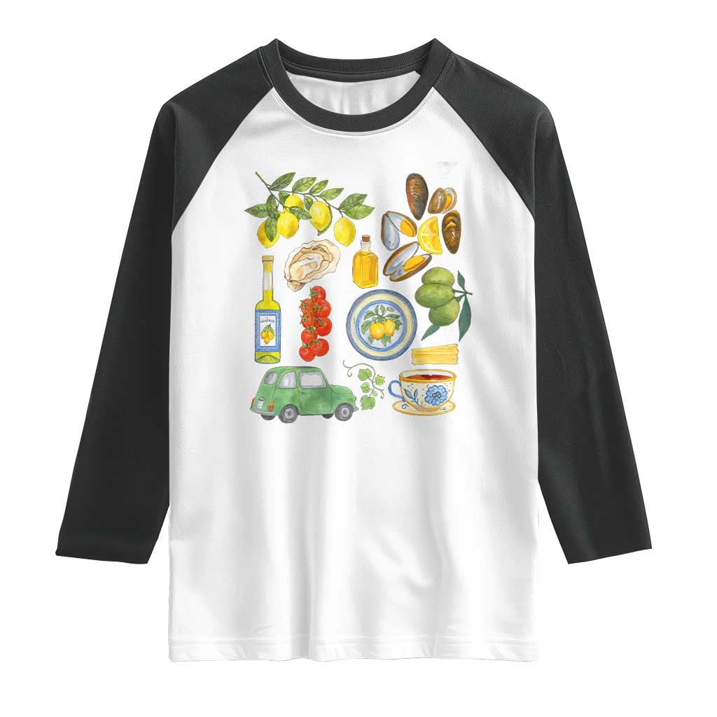 Italian Summer Scrapbook Raglan Shirt Limoncello Seafood Coastal Italy La Dolce Vita TS02 White Black Print Your Wear
