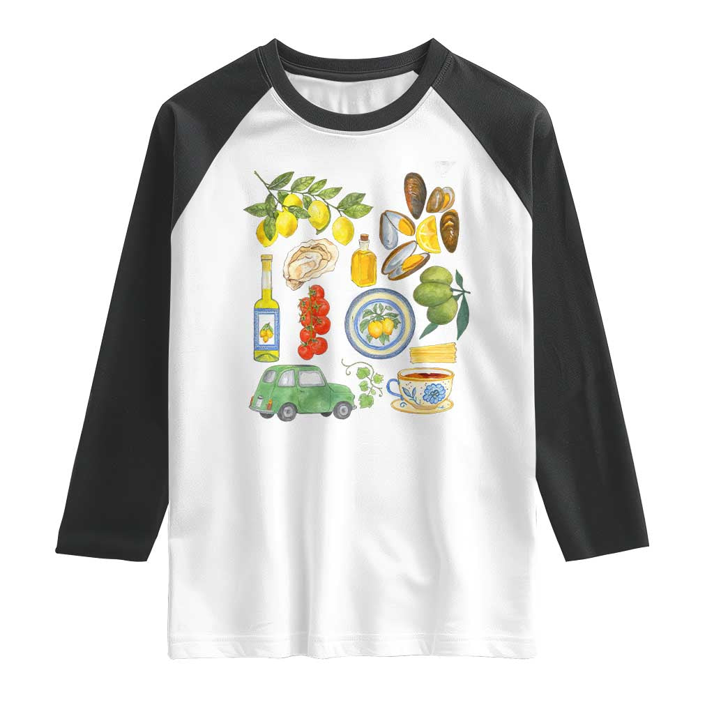 Italian Summer Scrapbook Raglan Shirt Limoncello Seafood Coastal Italy La Dolce Vita TS02 White Black Print Your Wear