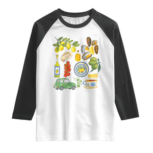 Italian Summer Scrapbook Raglan Shirt Limoncello Seafood Coastal Italy La Dolce Vita TS02 White Black Print Your Wear