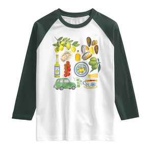 Italian Summer Scrapbook Raglan Shirt Limoncello Seafood Coastal Italy La Dolce Vita TS02 White Dark Forest Green Print Your Wear