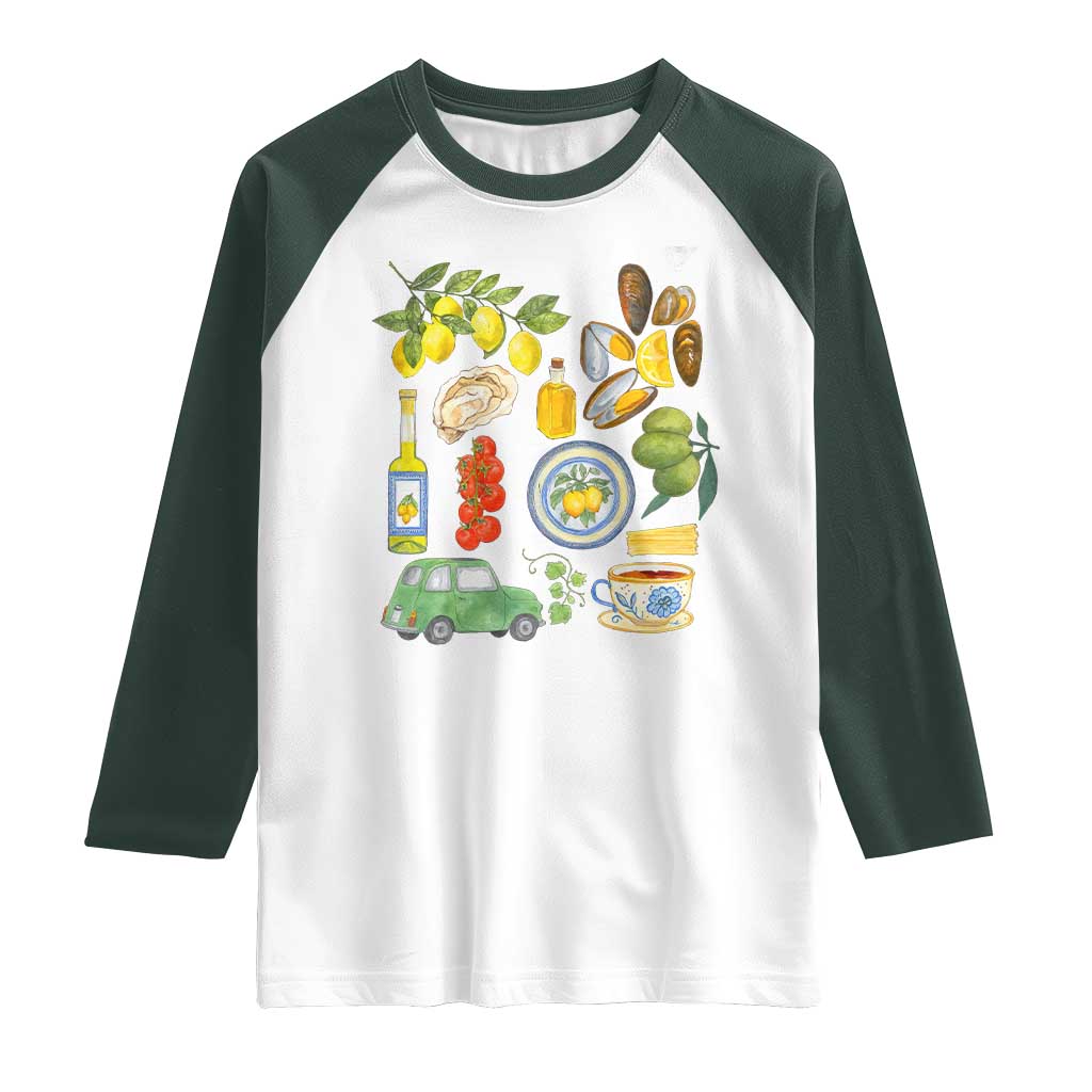 Italian Summer Scrapbook Raglan Shirt Limoncello Seafood Coastal Italy La Dolce Vita TS02 White Dark Forest Green Print Your Wear